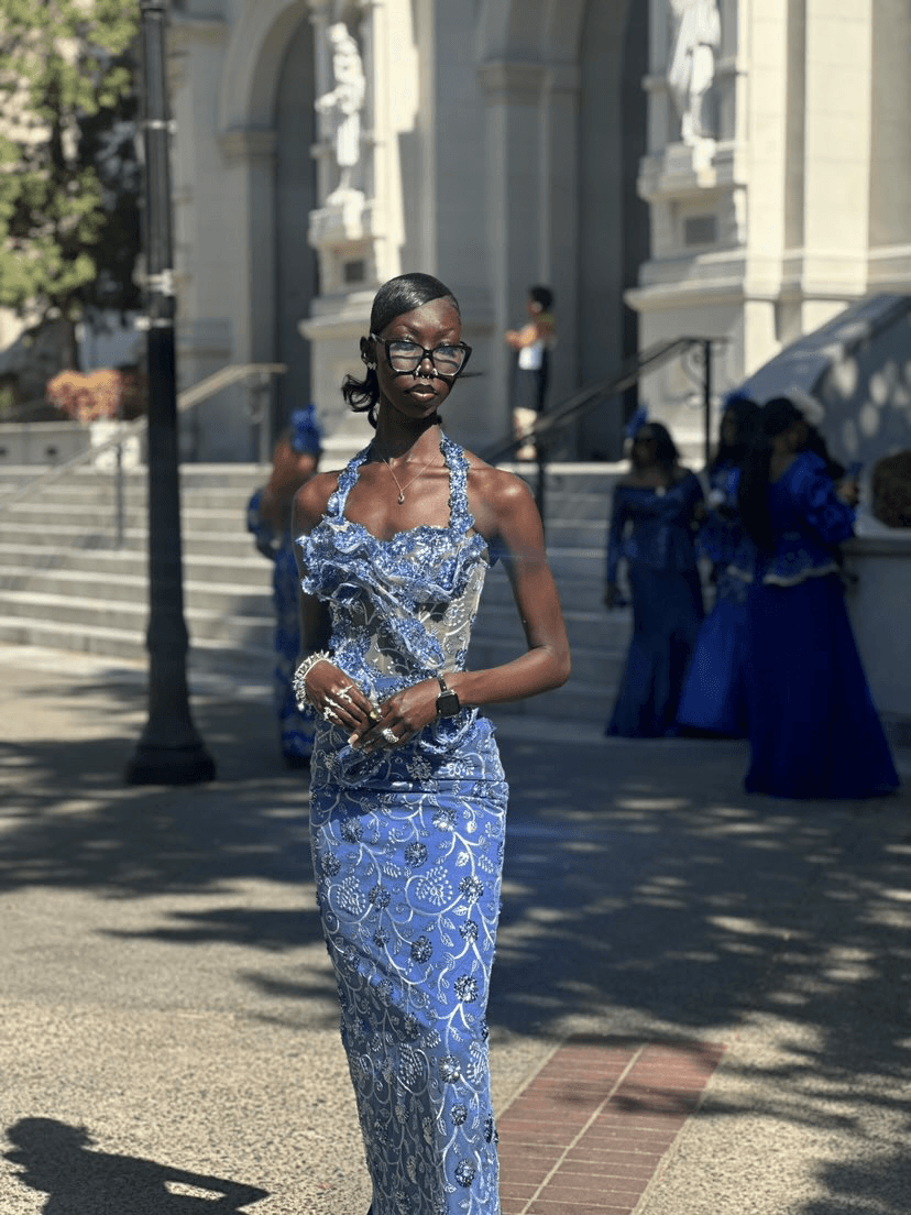 Blue paisley halter-neck column gown